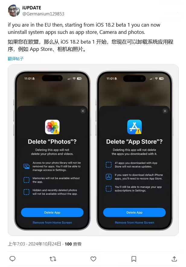 蒙自苹果手机维修分享iOS 18.2 支持删除 App Store 应用商店 